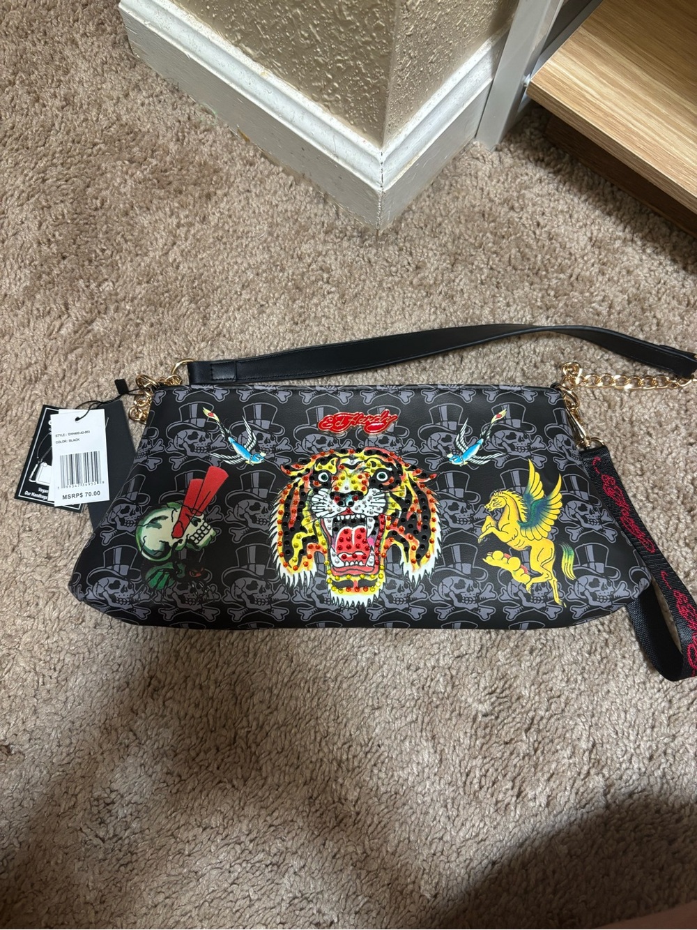 Ed Hardy Black Crossbody with Leopard Head & Pegasus Graphics